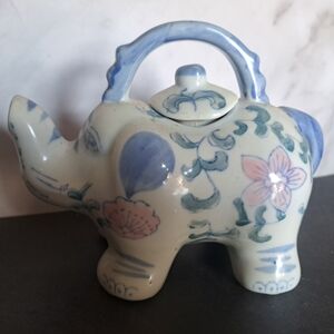 Vintage Blue and White Ceramic Elephant Teapot